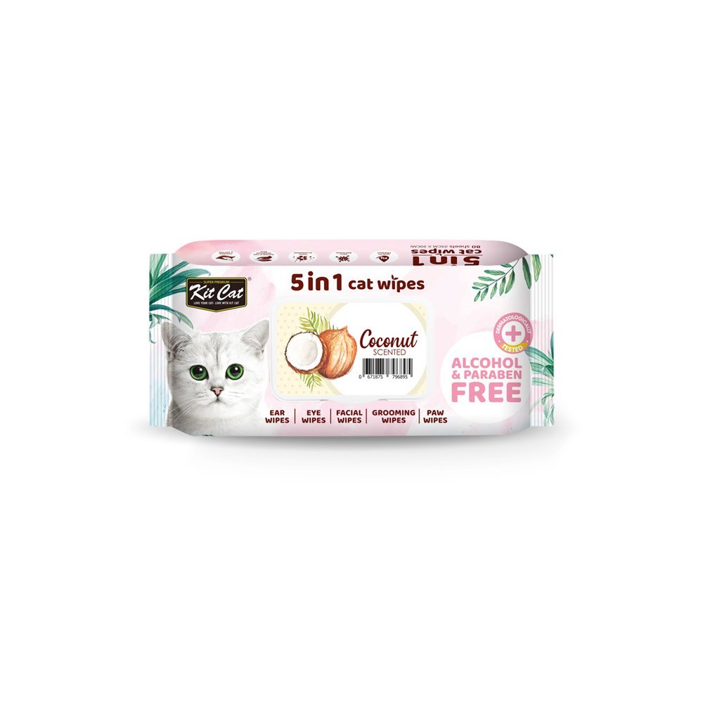 Kitcat 5 In 1 Cat Wipes Coconut Scented - 80 Sheets